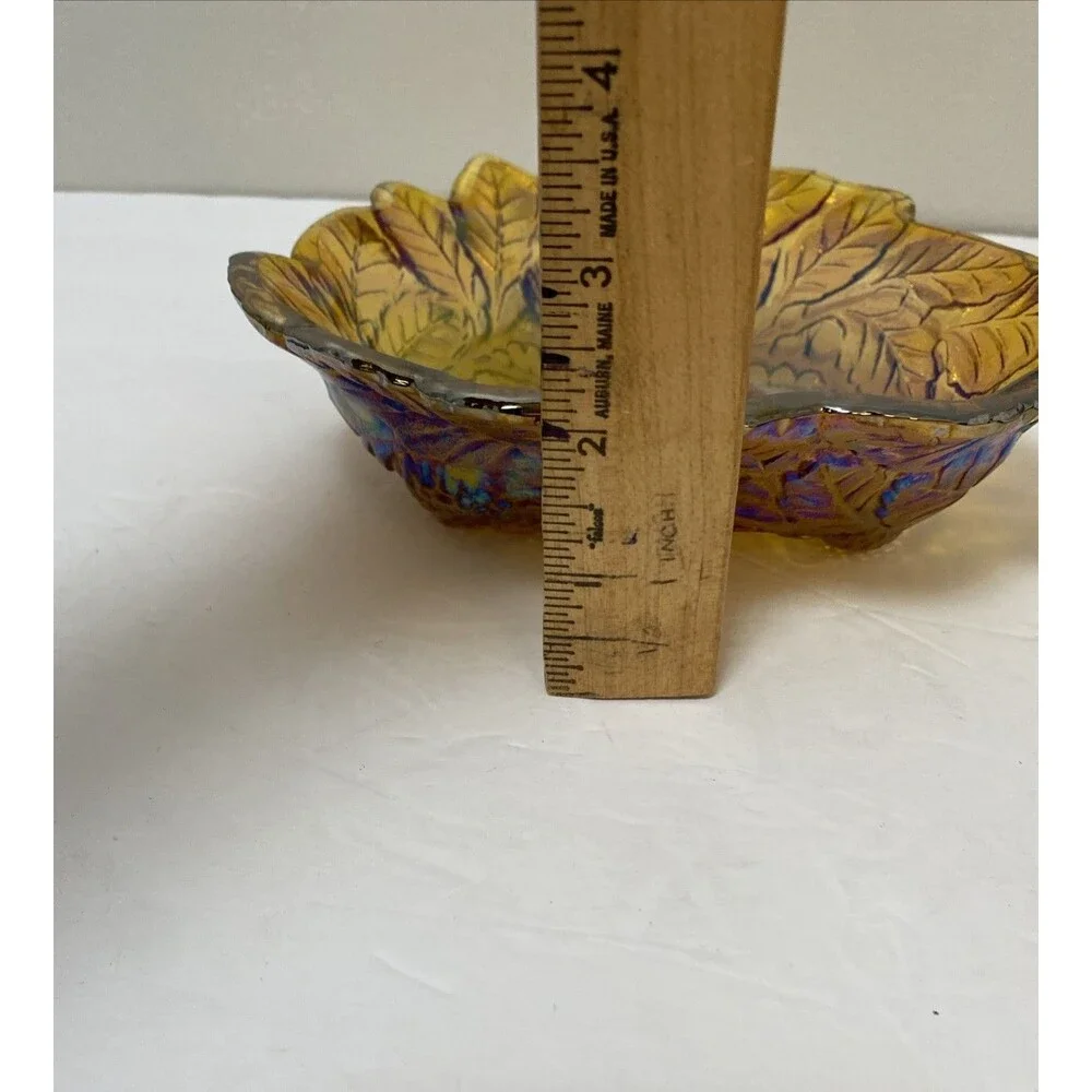 Vintage Indiana Carnival Glass Loganberry Leaf Amber Marigold Candy Dish Bowl